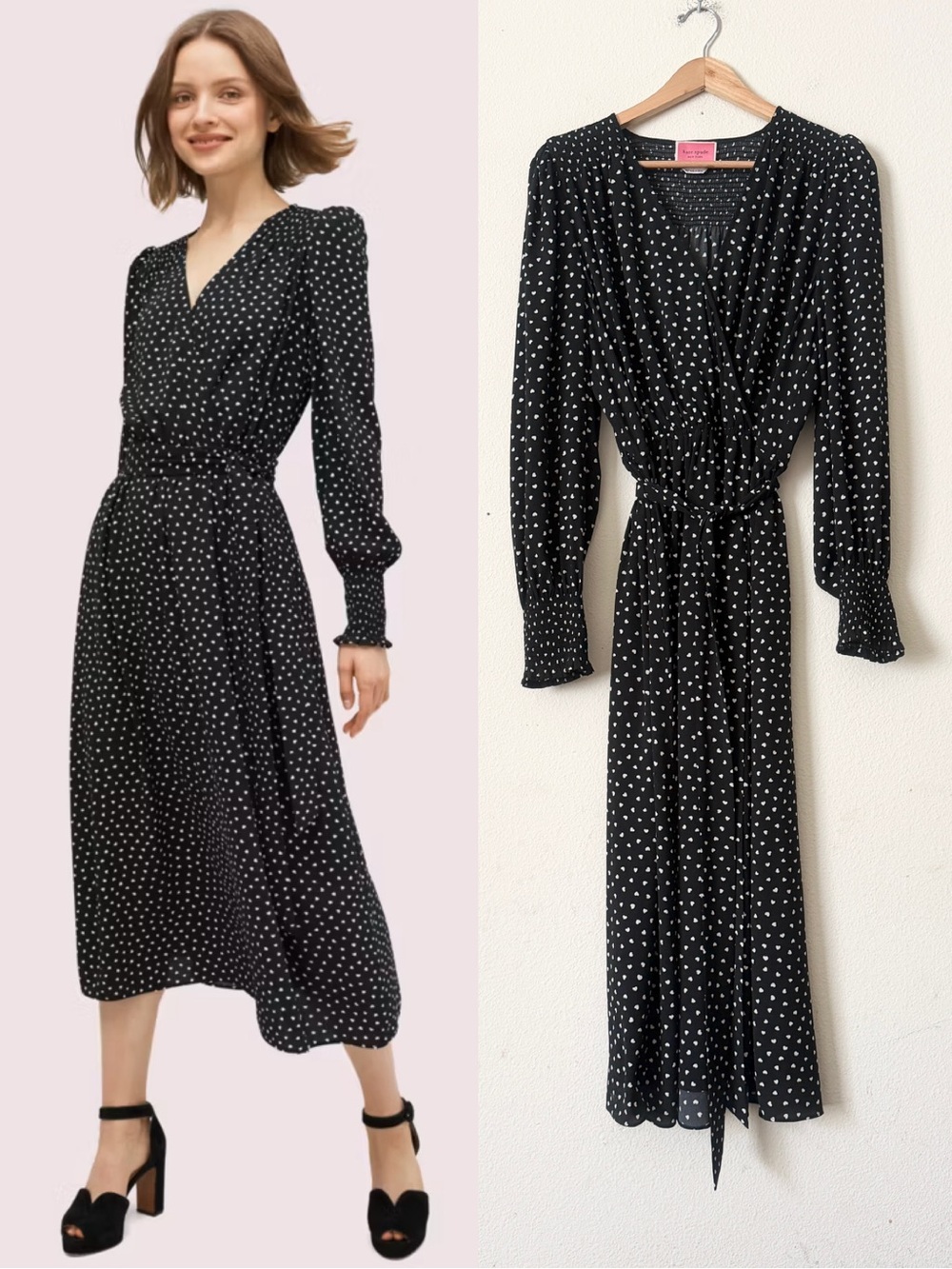 Kate Spade XXL black and white heart print Vneck long sleeve midi dress
